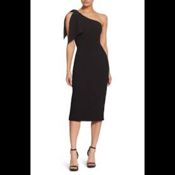 Dress the population NWT Tiffany 1 shoulder black midi dress size small - Picture 1 of 14